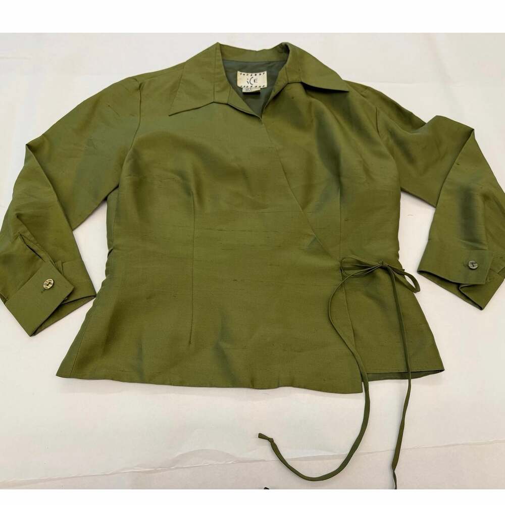 iCE Olive Green 90s y2k Dupioni Silk Wrap Blouse Top Long Sleeve Collared